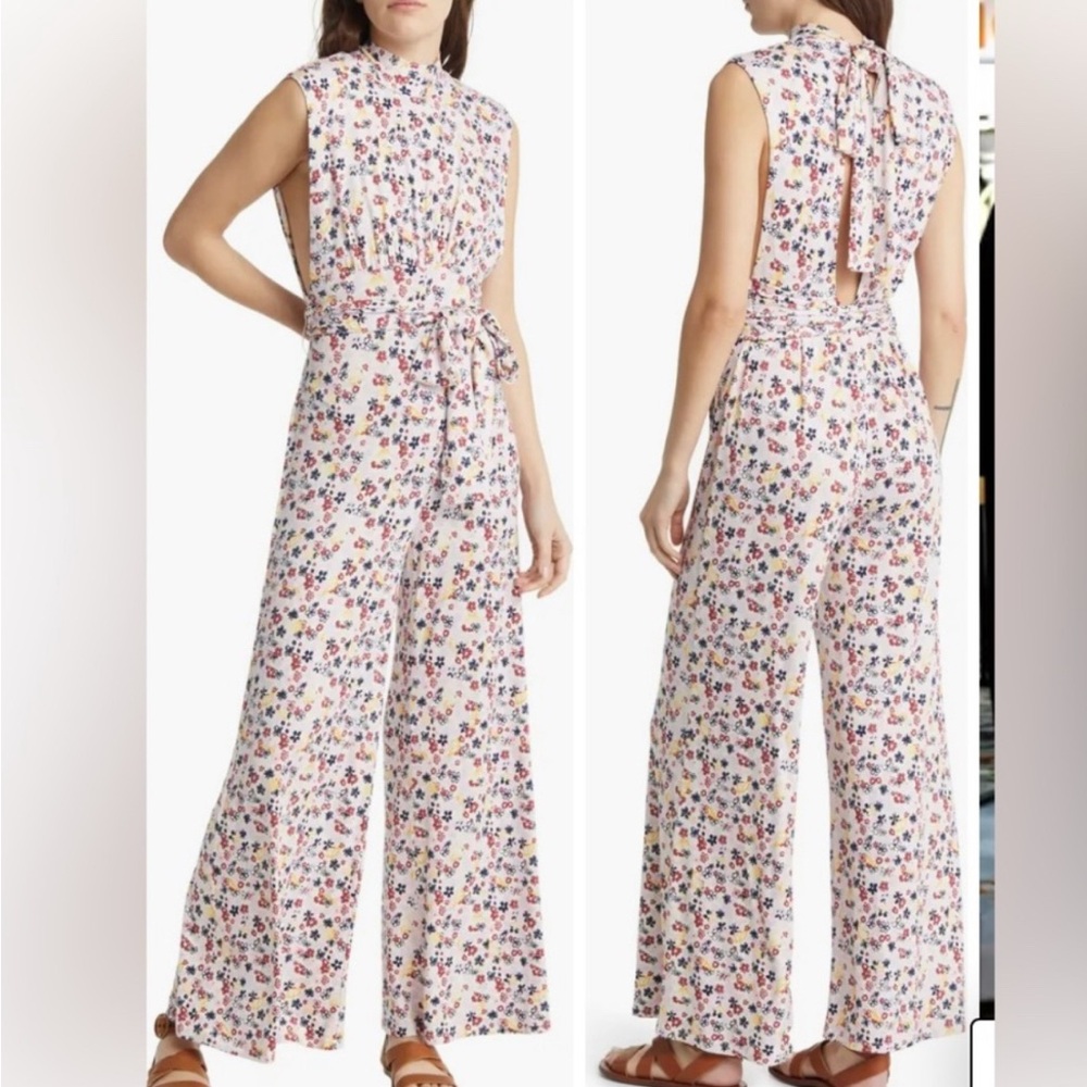 Free People bohemian Vibe Check One Piece in Tea Ditsy Shell jumpsuit size M NEW - Picture 1 of 9